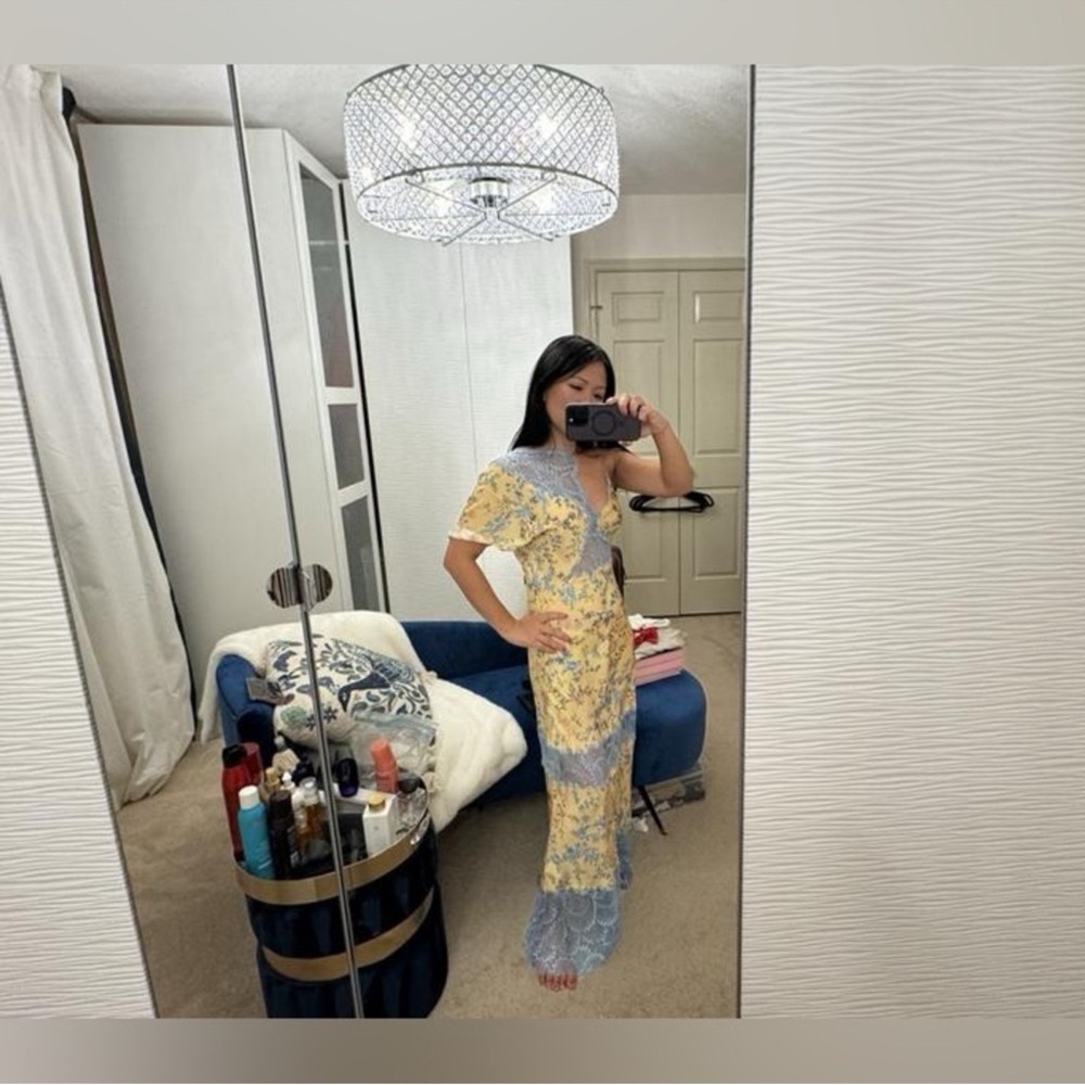 ANTHROPOLOGIE Geisha Designs Asymmetrical Lace Slip Maxi Dress Yellow Floral NWT - Picture 7 of 9